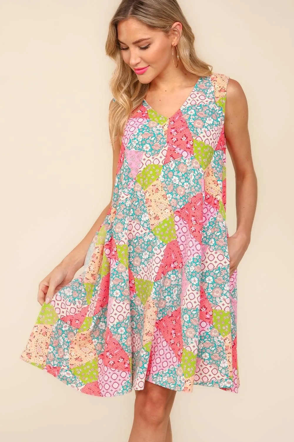 Full Size Babydoll Floral Patchwork Dress with Side Pockets, image 4