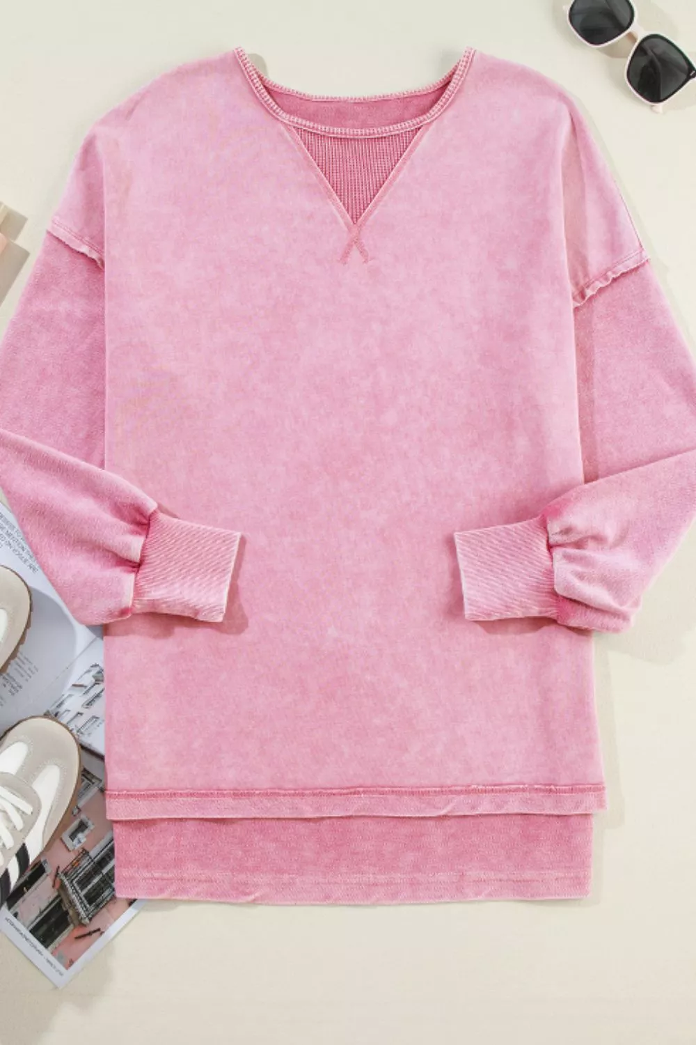 Exposed Seam Round Neck Long Sleeve Sweatshirt, image 8