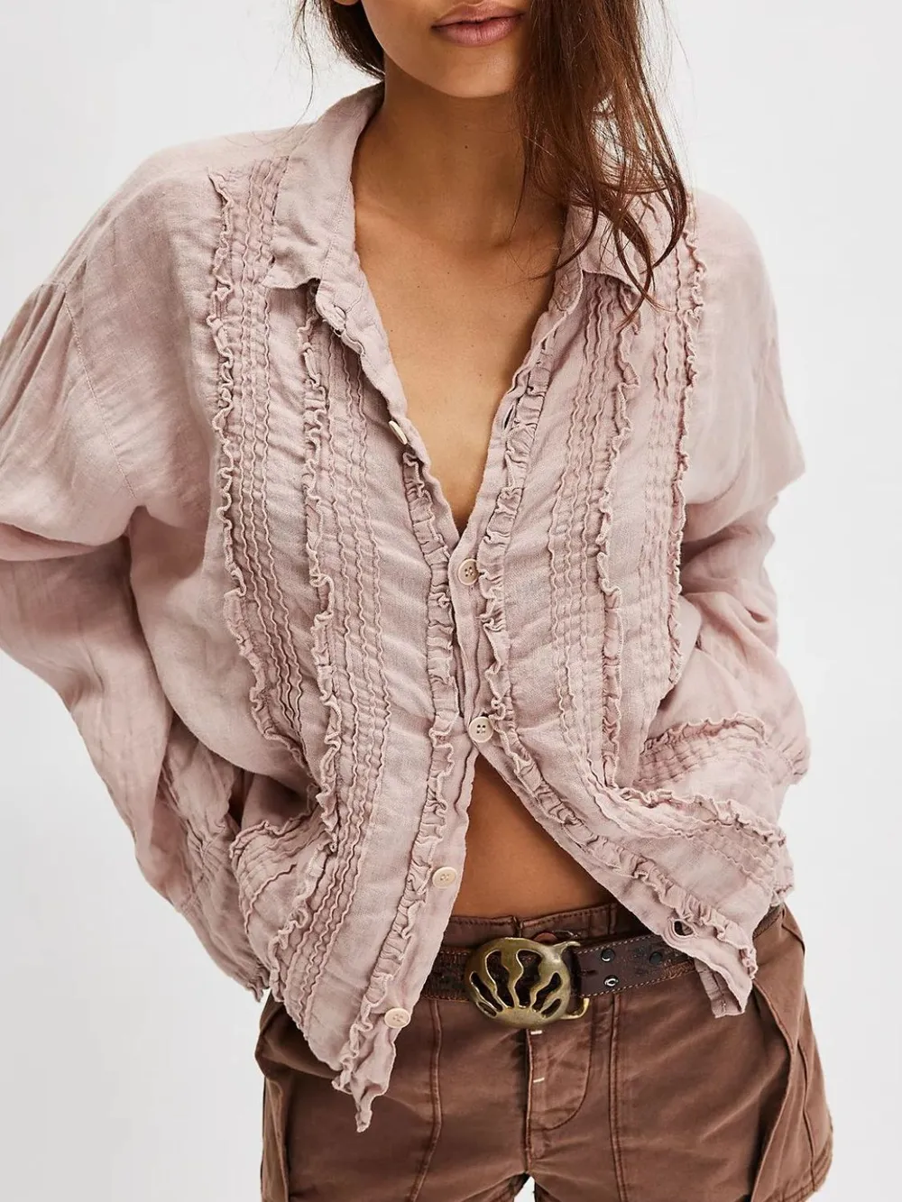 Frill Ruched Collared Neck Long Sleeve Shirt, image 12