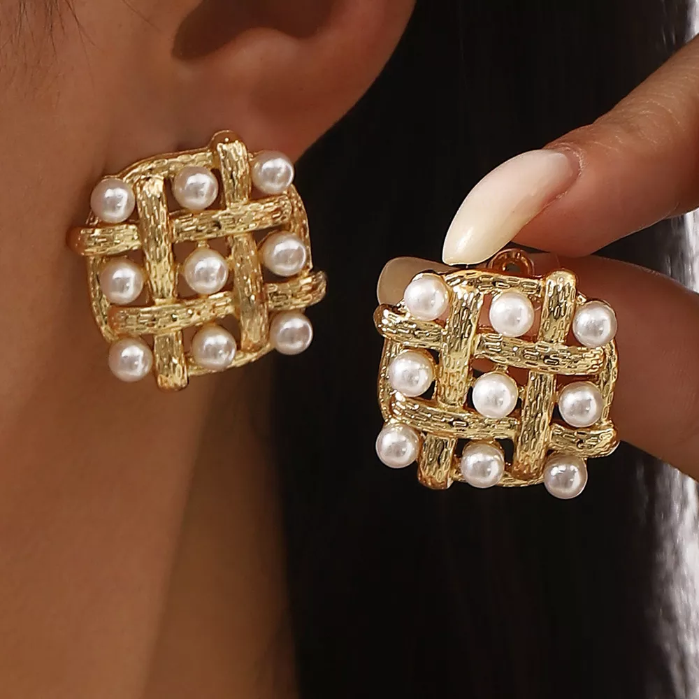 Pearl Grid Square Stud Earrings, image 4
