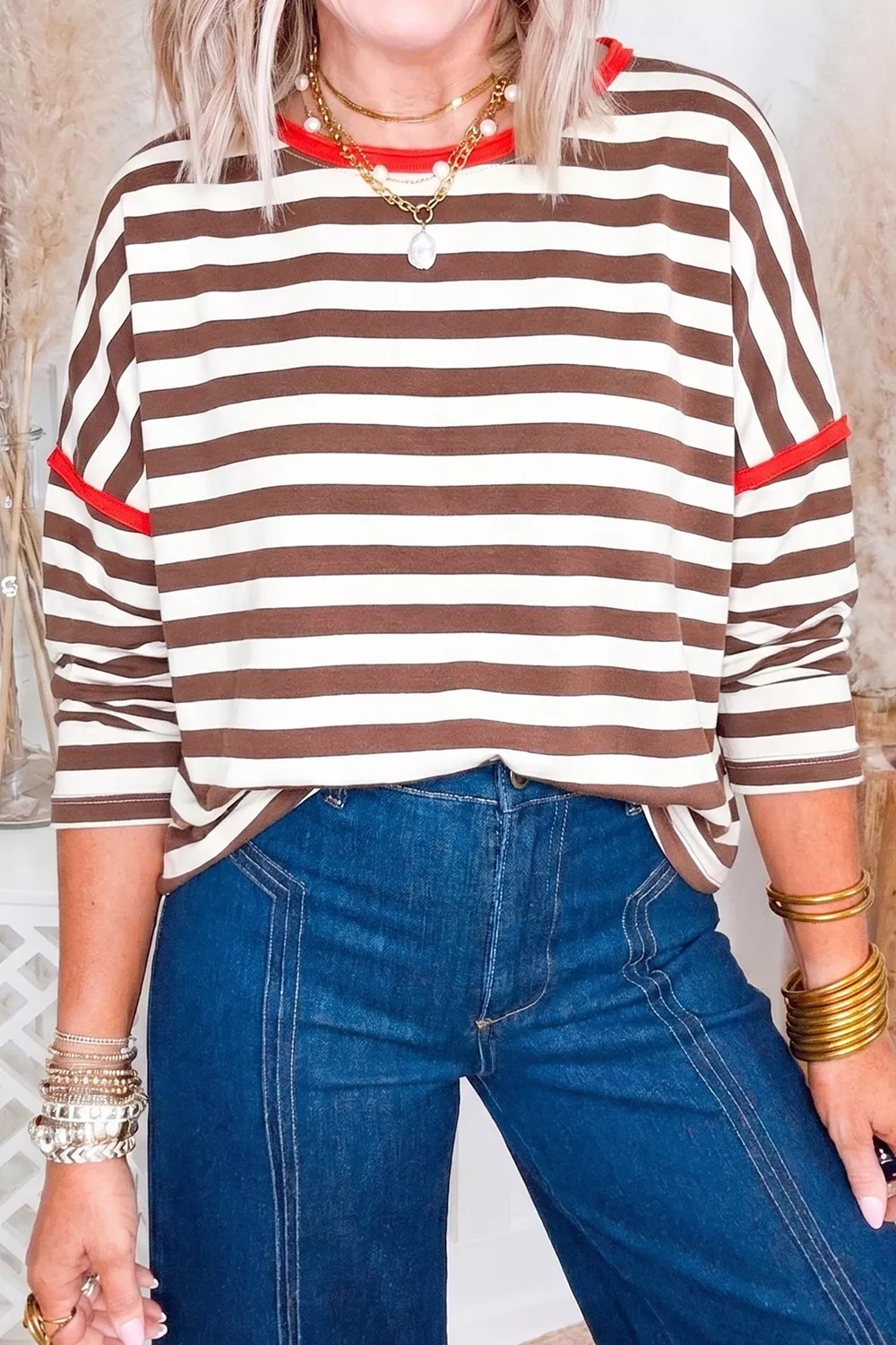 Striped Long-Sleeve Top with Contrast Trim