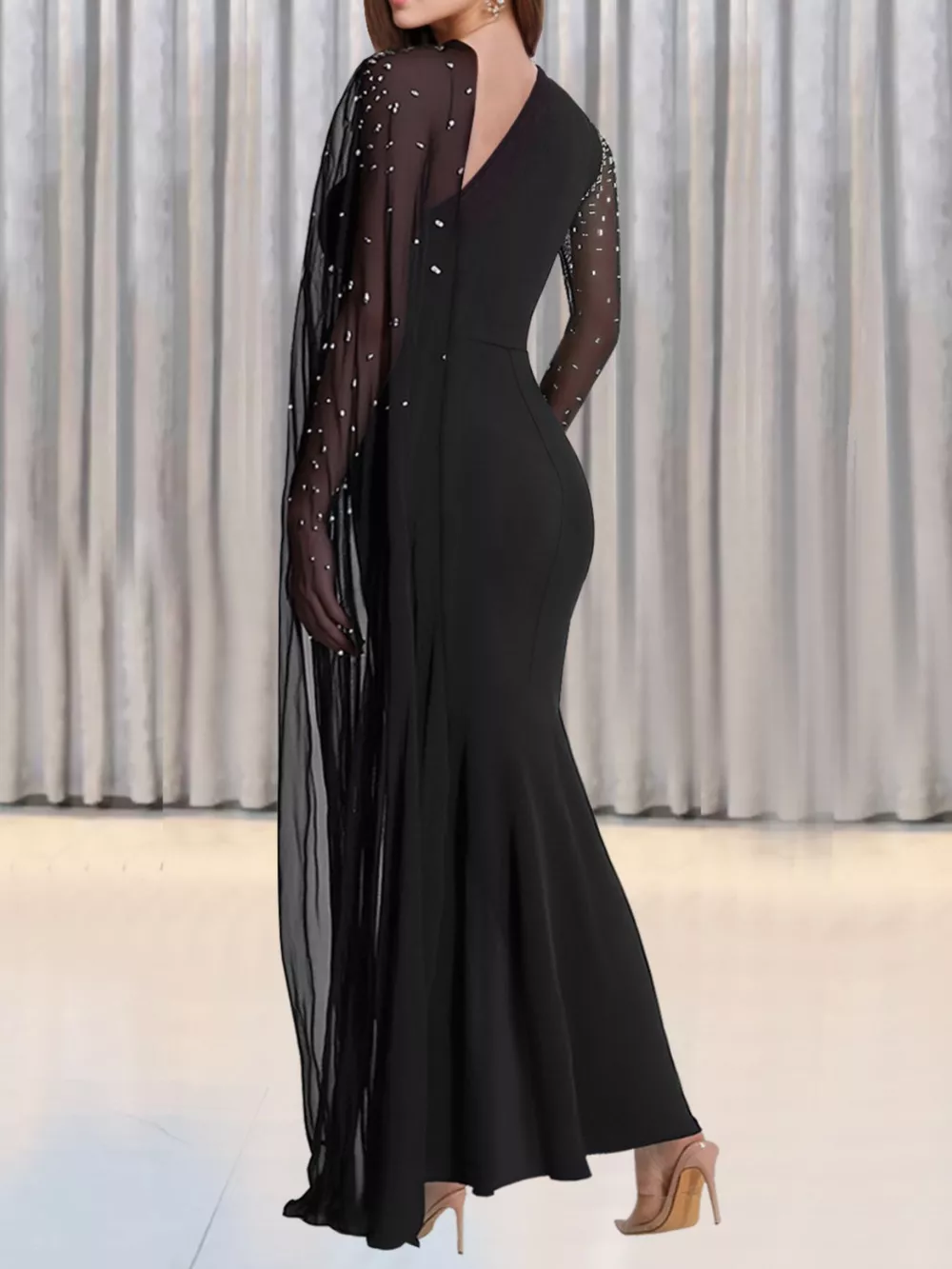 Rhinestone Embellished Cape Maxi Dress, image 2