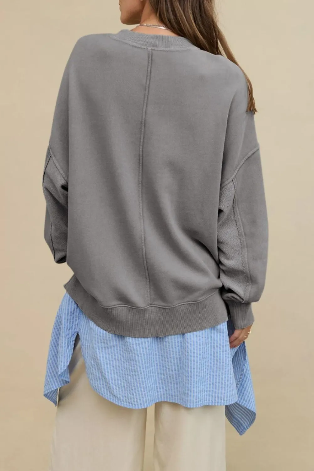 Side Slit Round Neck Long Sleeve Sweatshirt, image 17