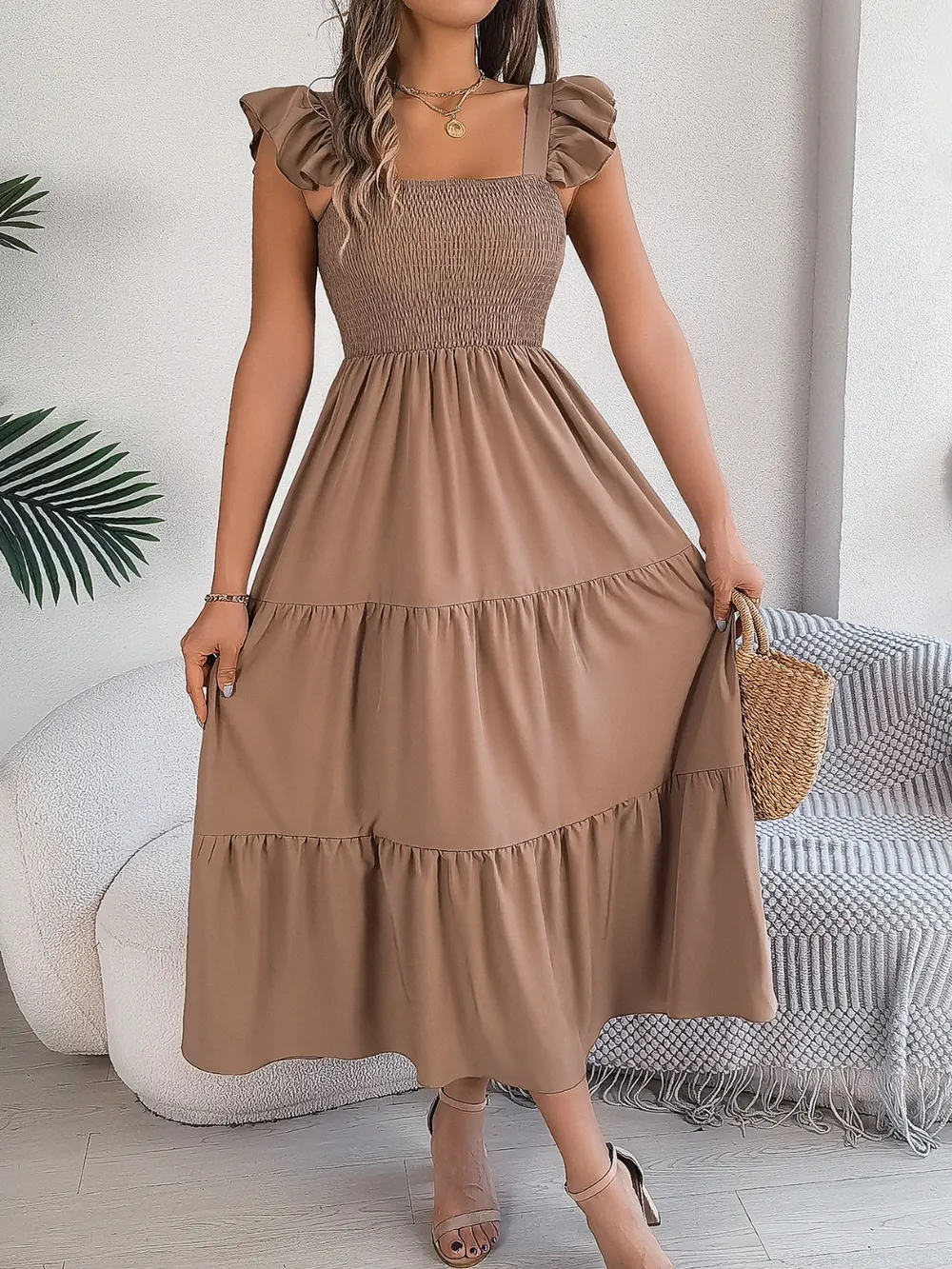 Smocked Square Neck Cap Sleeve Midi Dress, image 19
