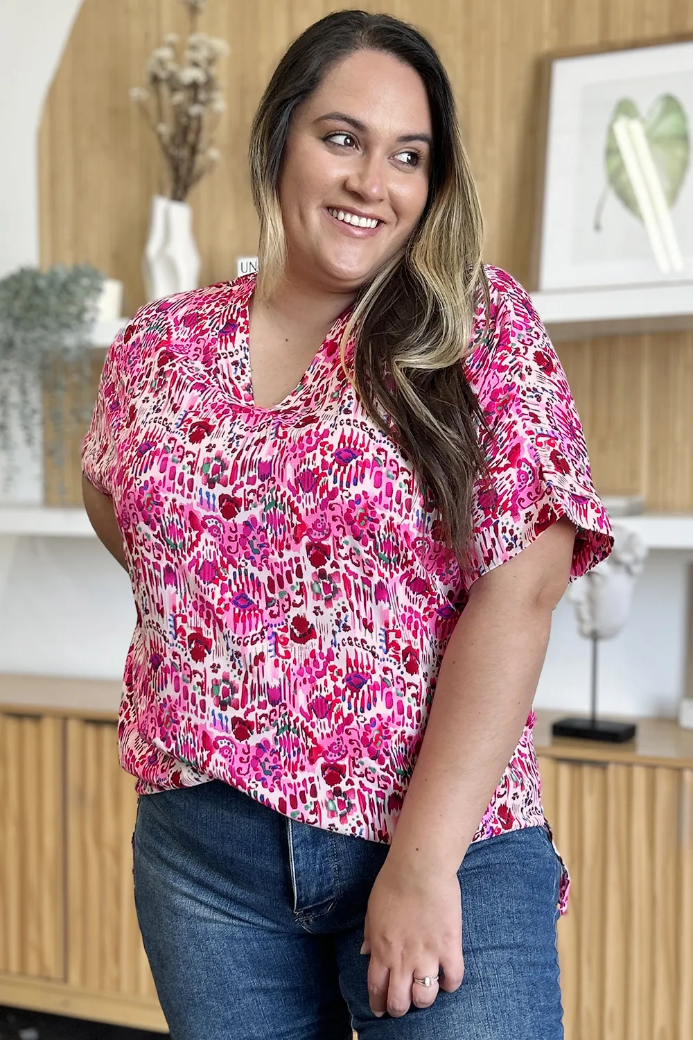 Full Size Printed V-Neck Short Sleeve Blouse, image 15