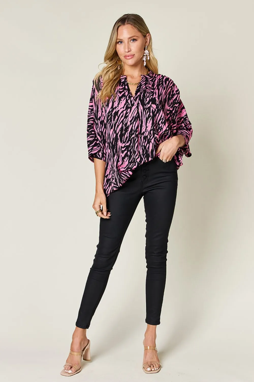 Full Size Printed Notched Three-Quarter Sleeve Blouse, image 4