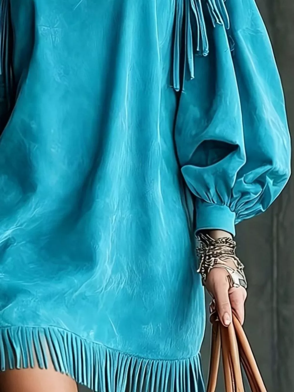 Fringe Detail Lantern Sleeve Mini Dress, image 12