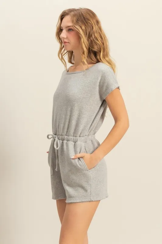 Round Neck Short Sleeve Drawstring Waist Romper, image 4