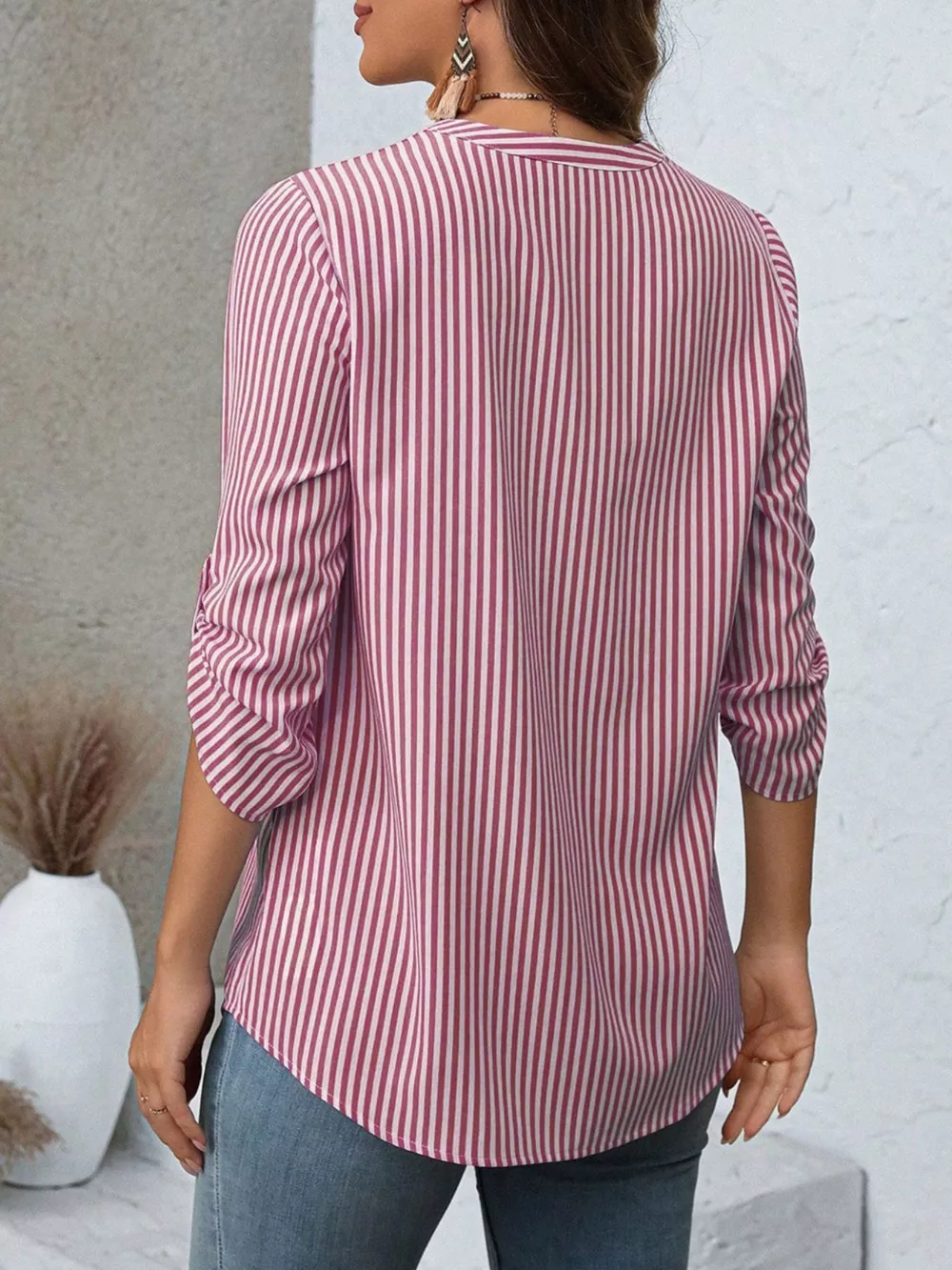 Striped V-Neck Roll-Up Sleeve Blouse, image 21