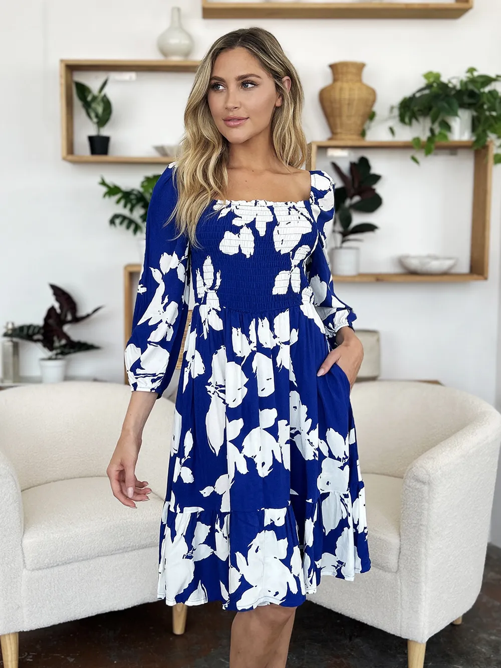 Full Size Floral Ruffle Hem Smocked Dress with Pockets, image 13