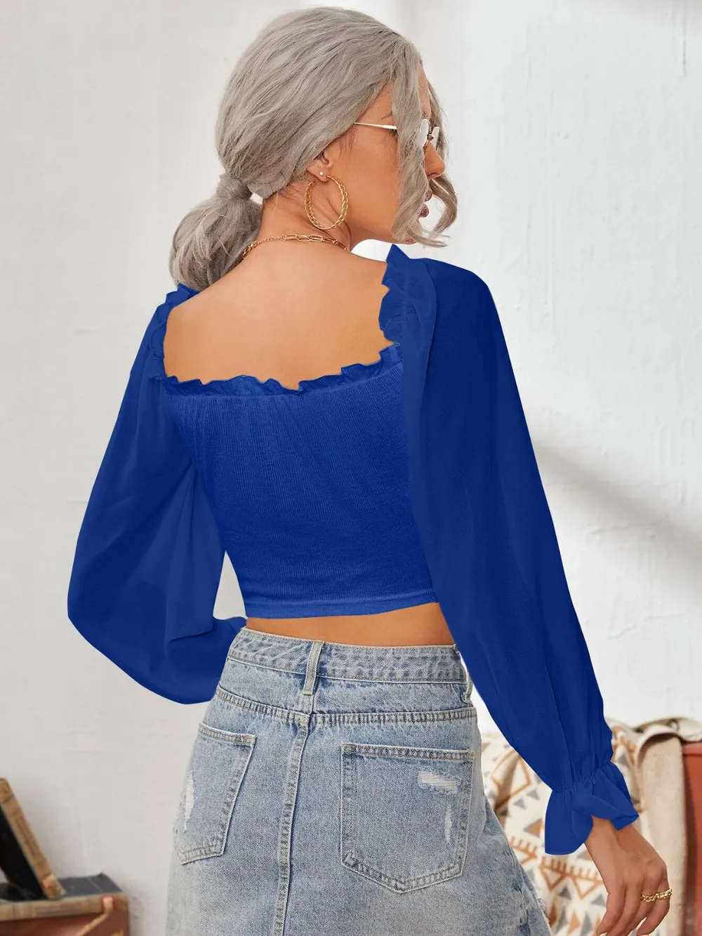 Mesh Sweetheart Neck Flounce Sleeve Top, image 13