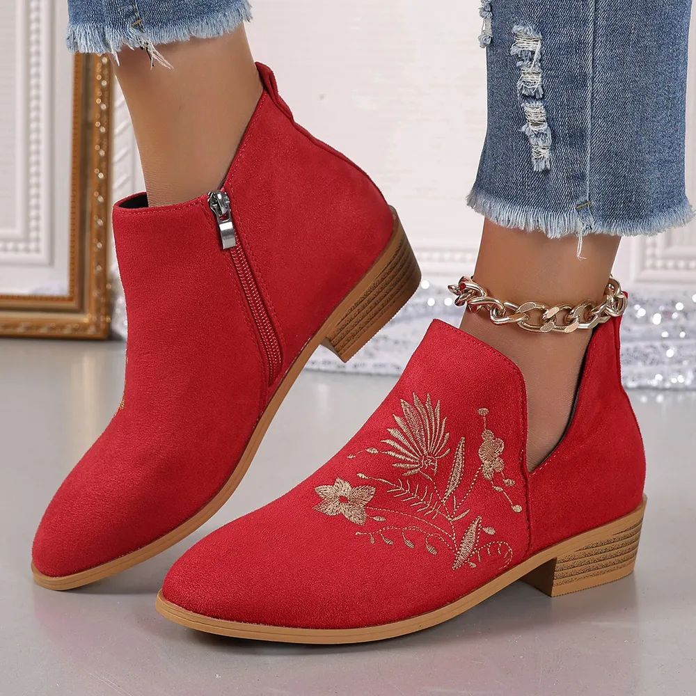 Embroidered Suede Point Toe Block Heel Boots, image 5