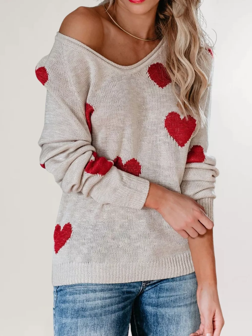 Heart Pattern Raglan Sleeve Sweater, image 2