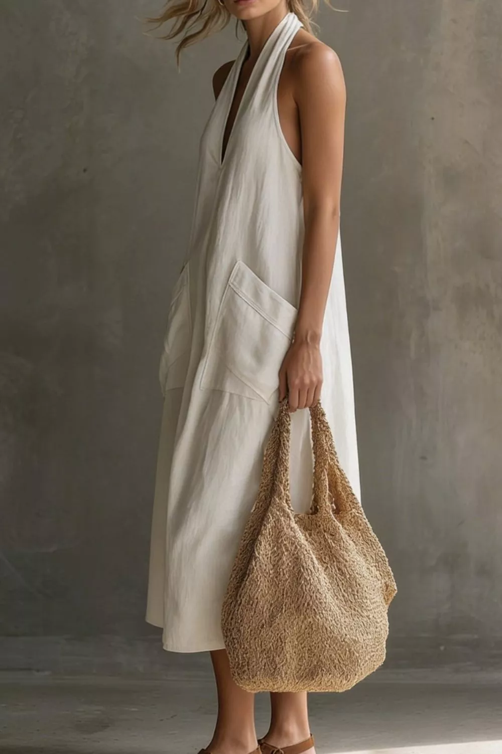 Casual Halter Neck Pocket Midi Dress, image 10