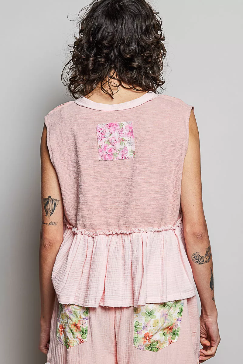 Floral Patch Ruffled Sleeveless Top with Raw Edge Detail, image 4