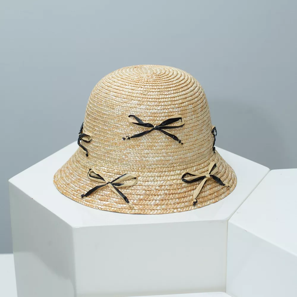 Bowknot Decor Straw Bucket Hat