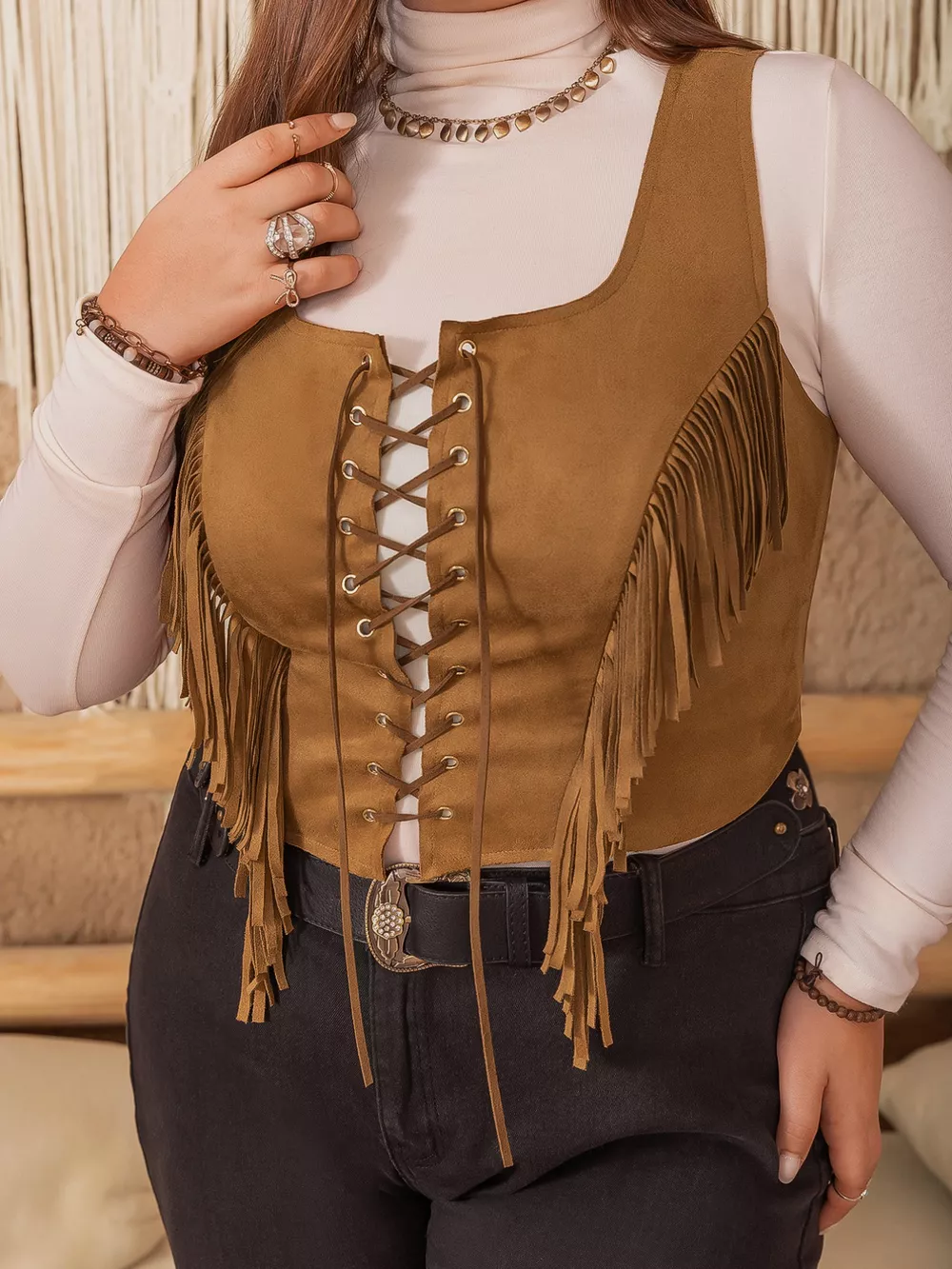 Plus Size Fringed Lace-Up Suede Vest, image 3