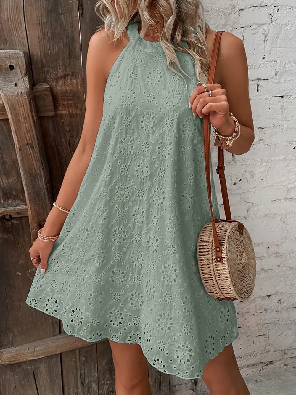 Eyelet Grecian Neck Mini Dress, image 6