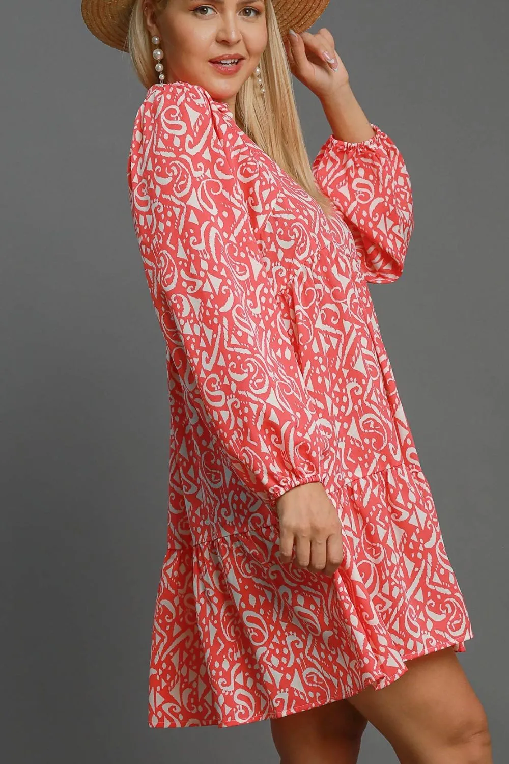 Full Size Two Tone Print Balloon Sleeve Tiered Dress Plus Size, image 5