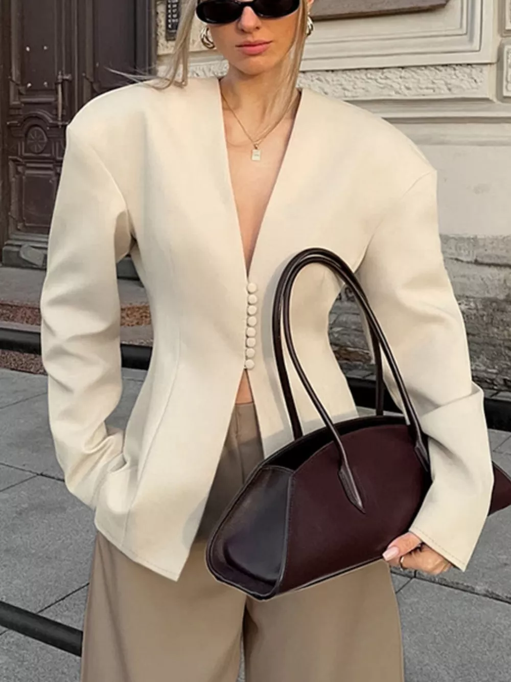 V-Neck Button-Up Blazer with Structured Shoulders, image 2