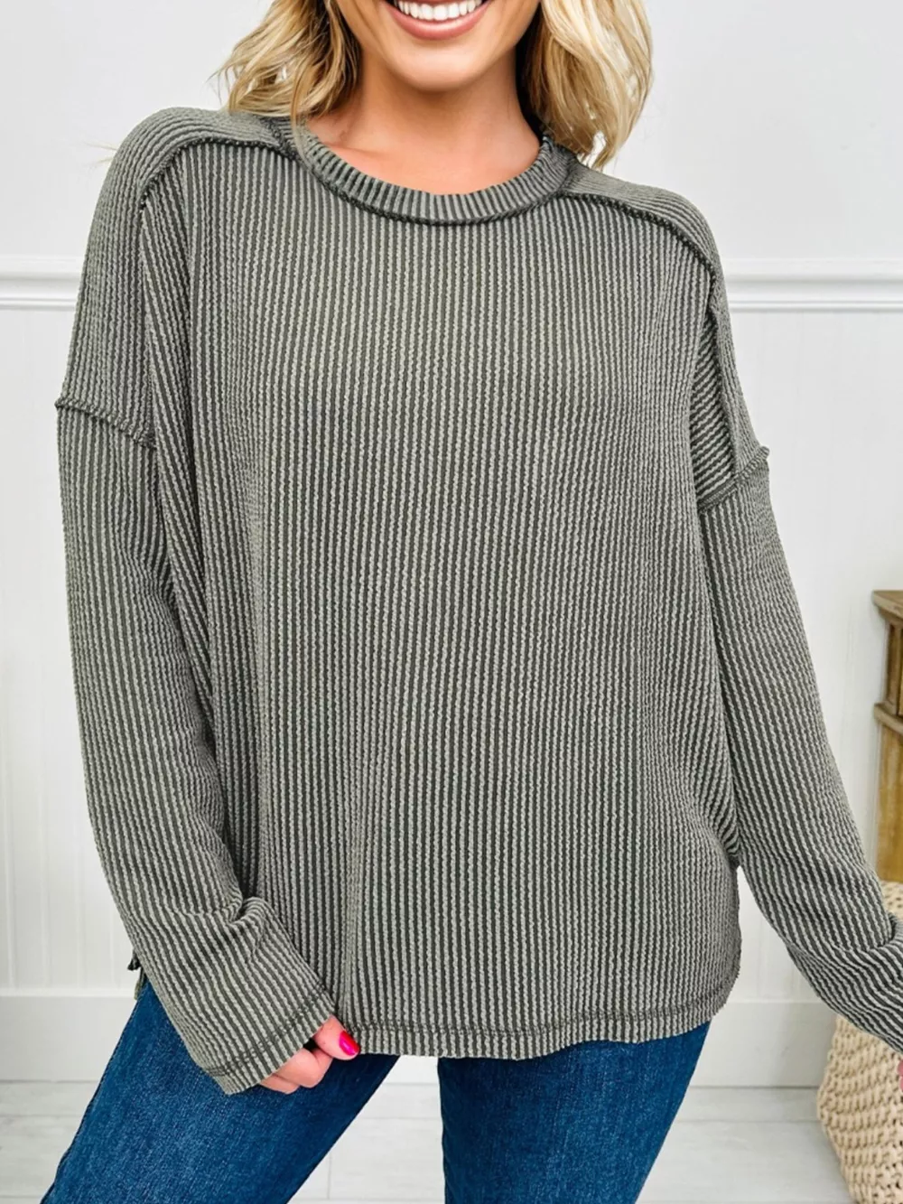 Twist Ribbed Exposed Seam Detail Long Sleeve Loose Top, image 4