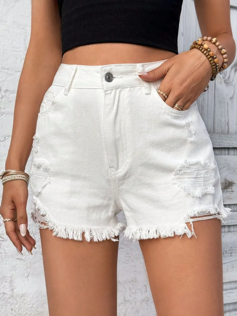 Distressed Raw Hem High Rise Denim Shorts, image 2