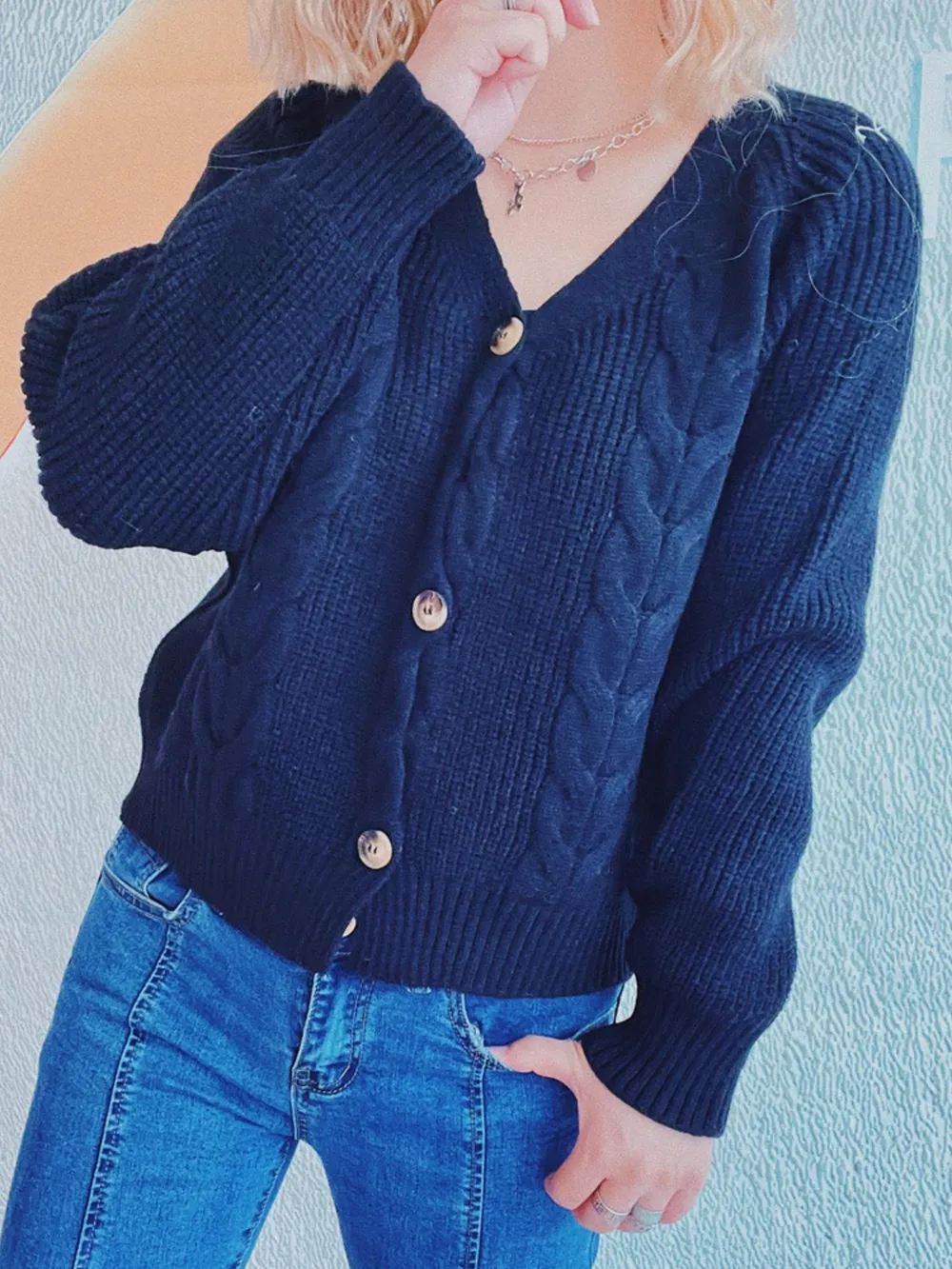 Cable-Knit V-Neck Button Down Long Sleeve Cardigan, image 8