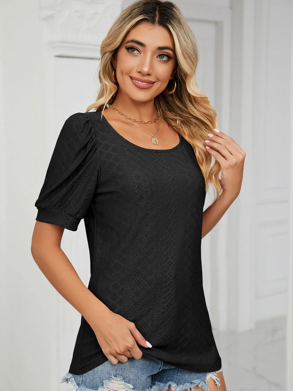 Ruched Notched Long Sleeve T-Shirt, image 7