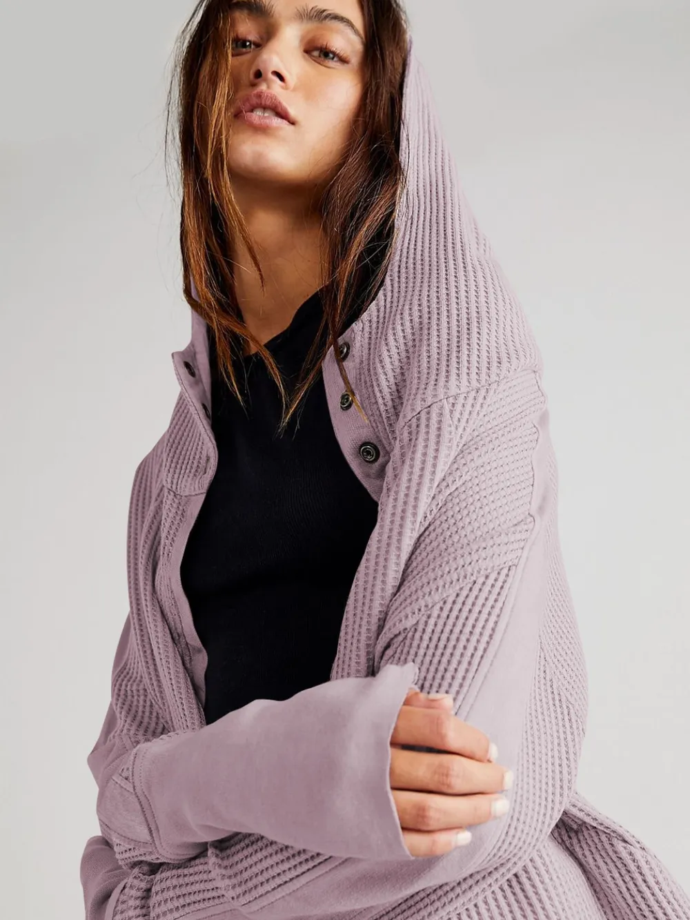 Waffle-Knit Dropped Shoulder Hooded Jacket, image 3