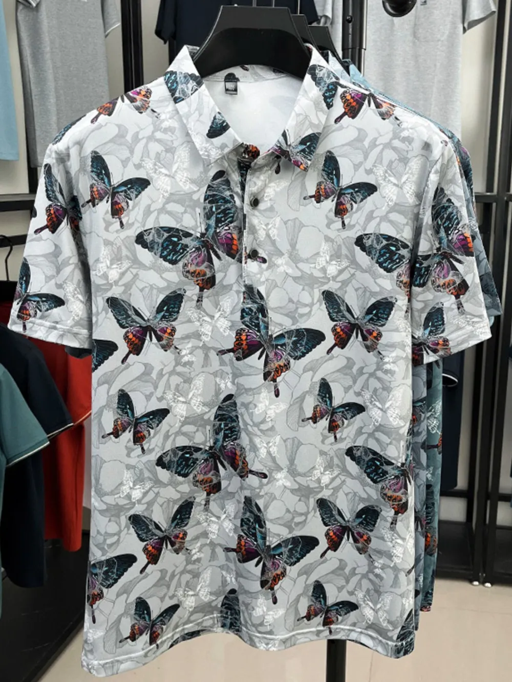 Men's Plus Size Butterfly Print Short Sleeve Polo, image 6