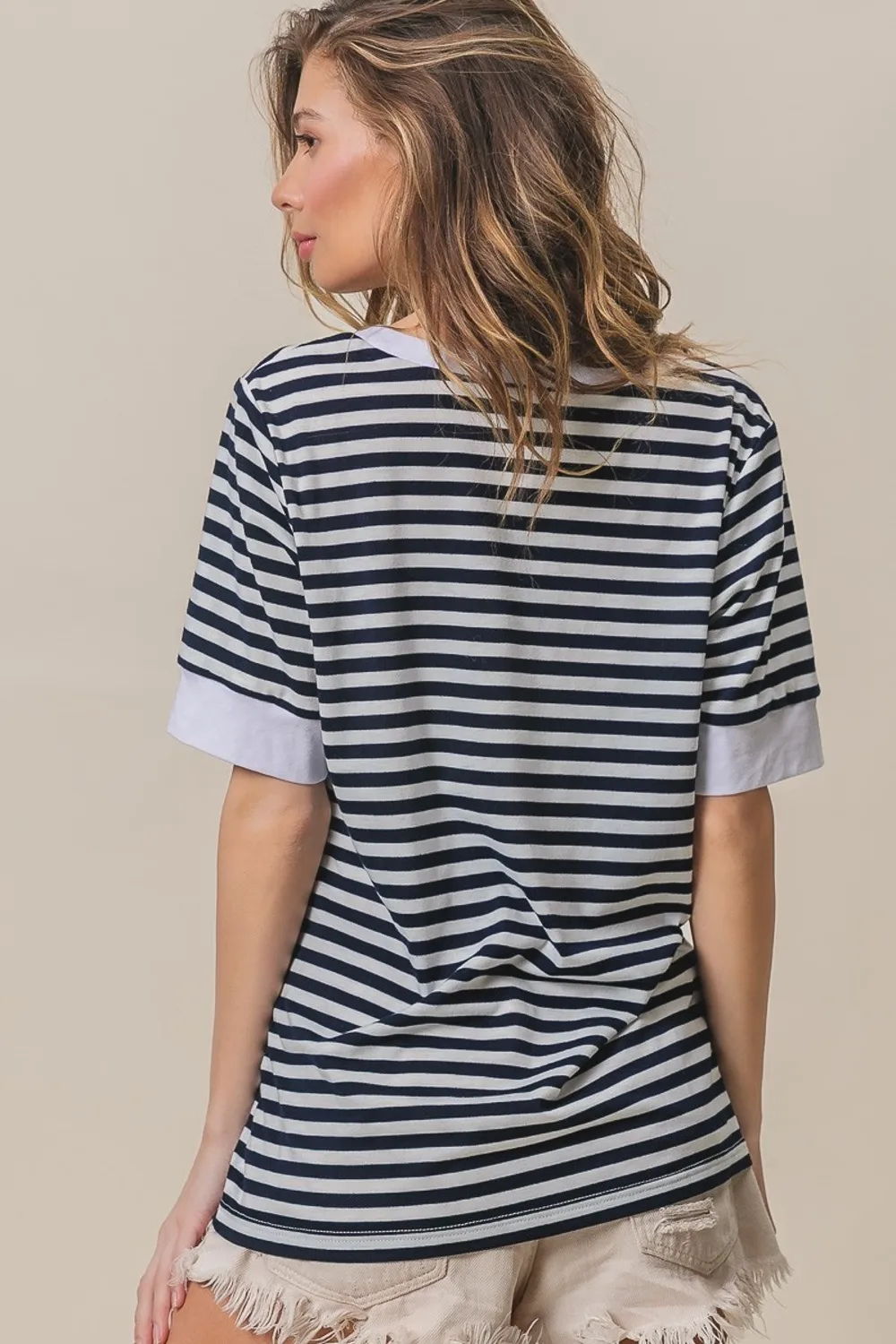 Contrast Striped Notched Knit Top, image 2