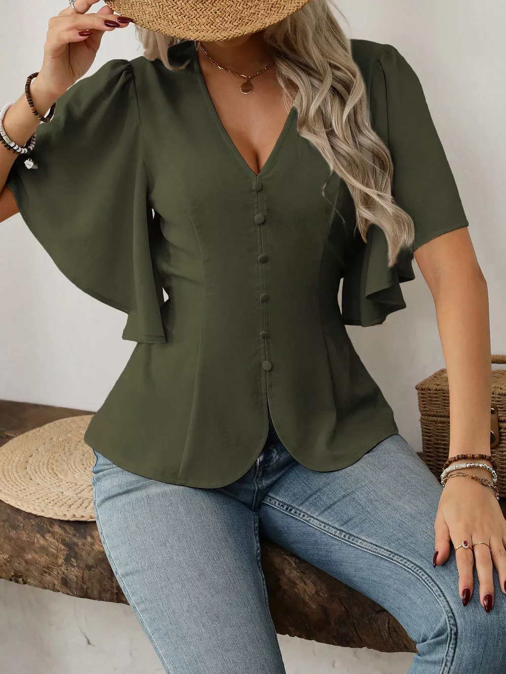 V-Neck Flutter Sleeve Blouse, image 6