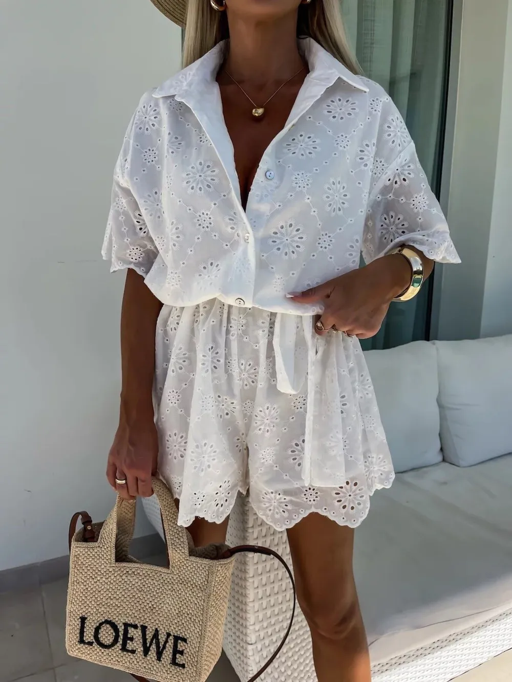 Eyelet Lace Button-Up Romper, image 8