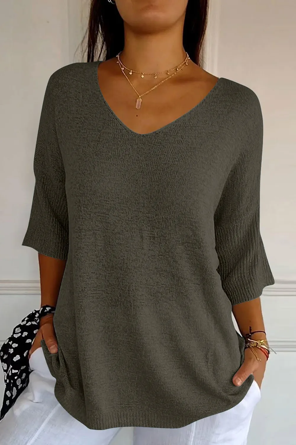 V-Neck Three-Quarter Sleeve Knit Top, image 7
