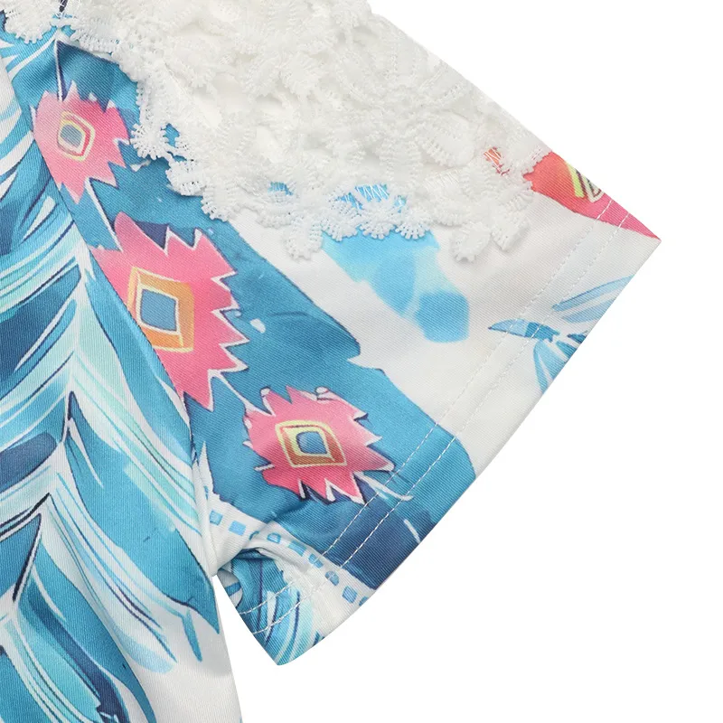Printed Round Neck Lace Short Sleeve Top, image 3