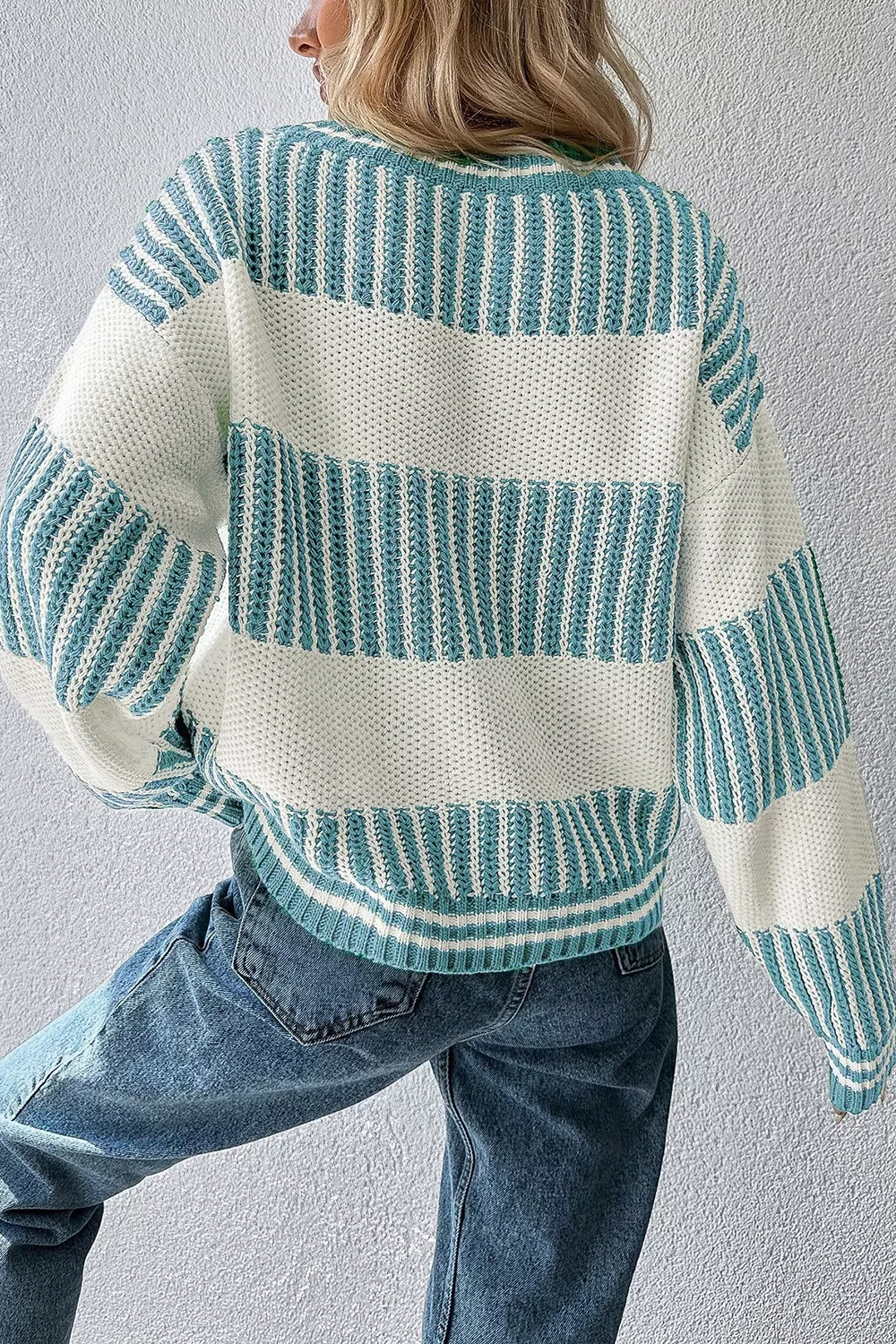 Two Tone Striped Patchwork Drop Shoulder Loose Sweater, image 8