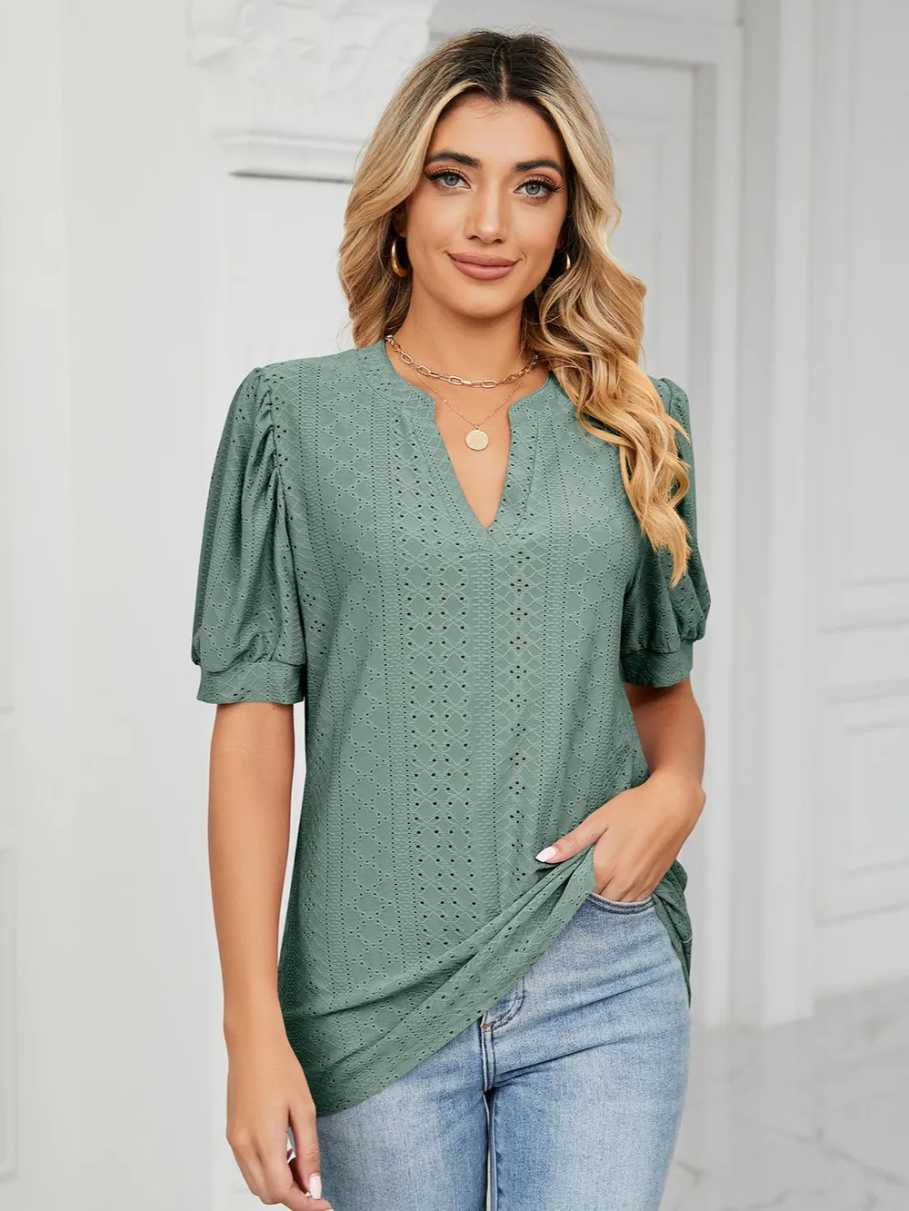 Eyelet Notched Short Sleeve T-Shirt, image 15
