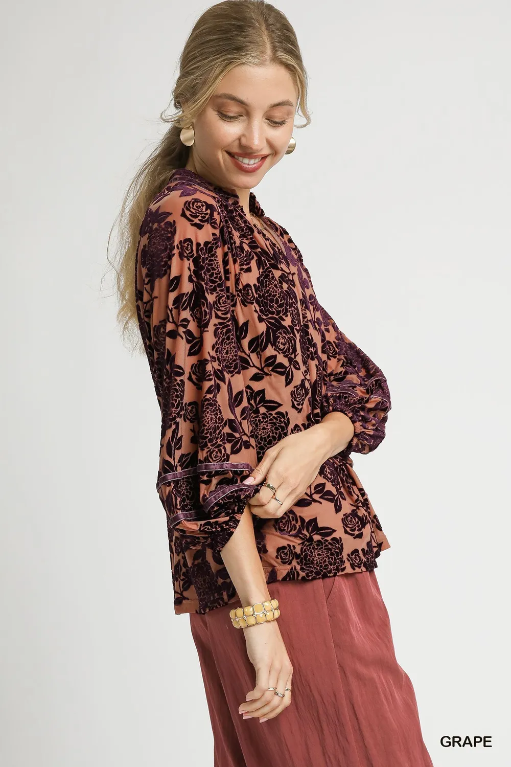 Floral Velvet Blouse with Balloon Sleeves, image 4