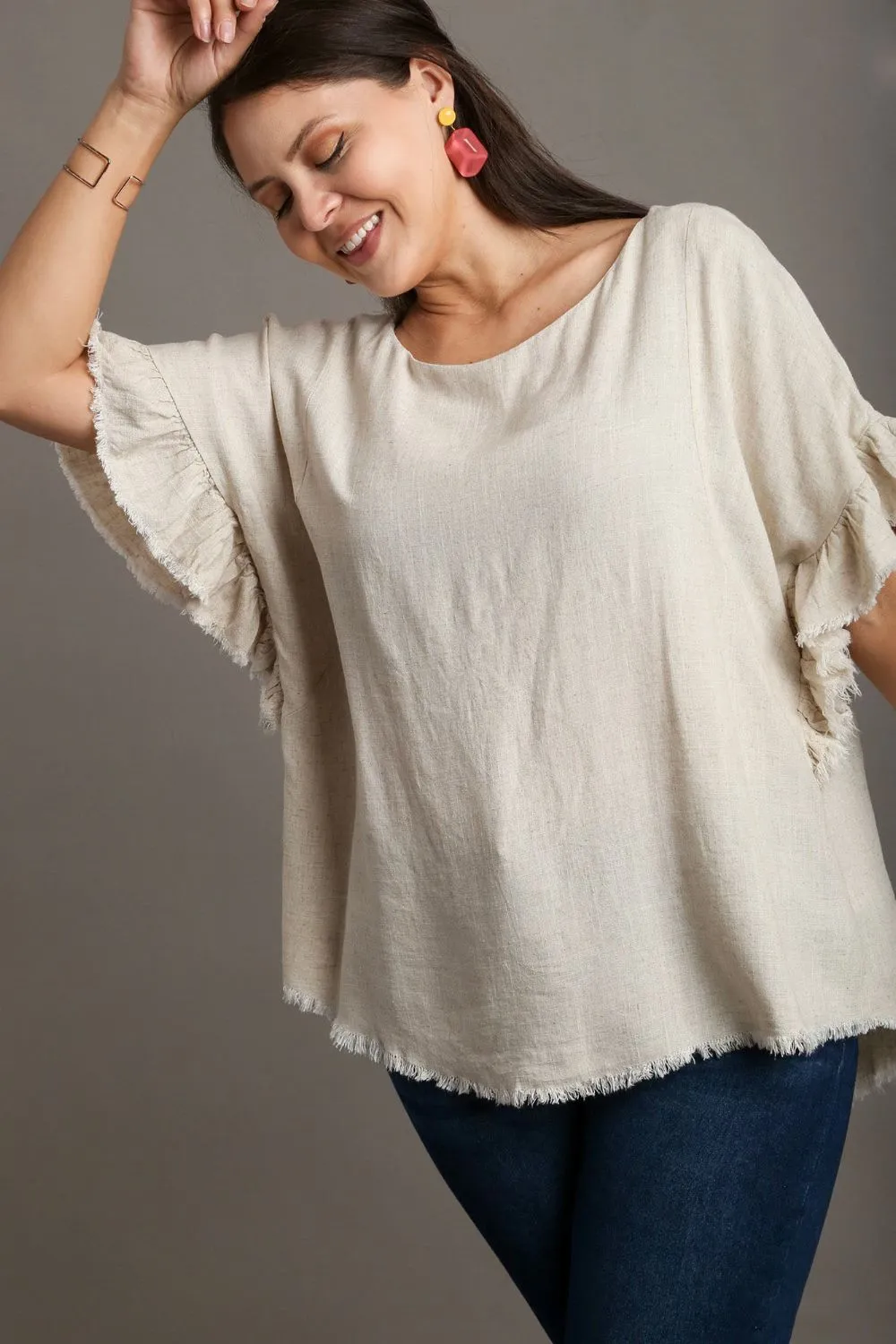 Full Size Raw Hem Ruffle Short Sleeve Blouse Plus Size, image 5