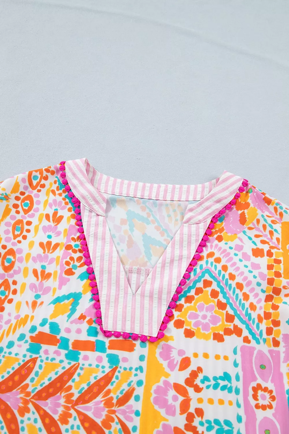 Mixed Print Contrast Trim Striped Patchwork Tiered Short Sleeve Blouse, image 7