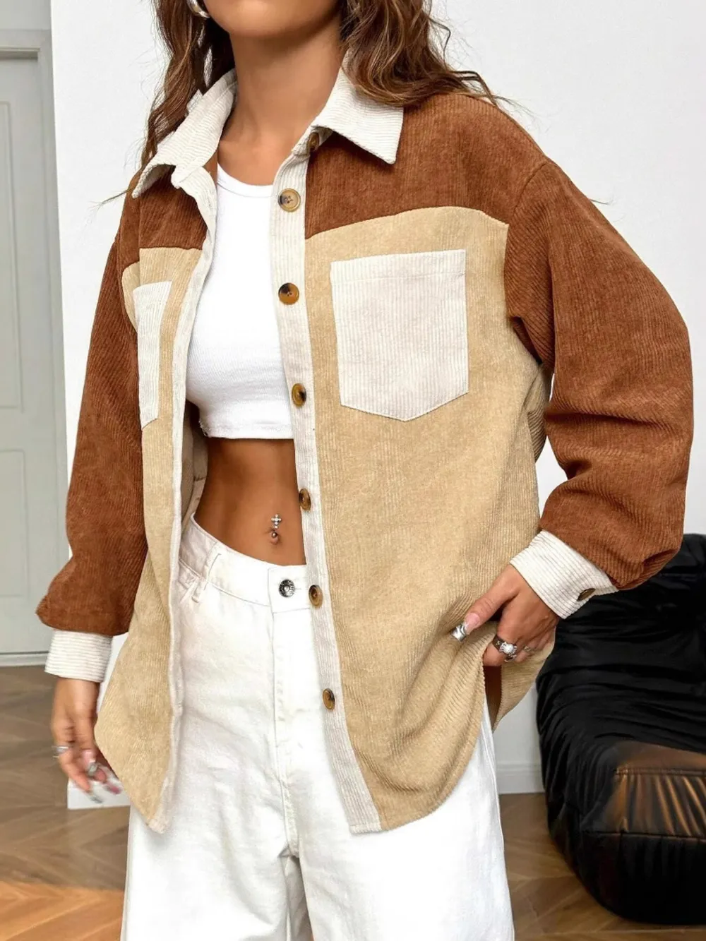 Color Block Collared Neck Long Sleeve Shirt, image 3
