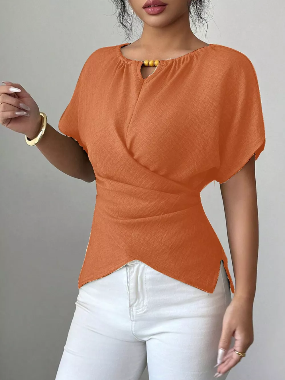 Beaded Neckline Short Sleeve Blouse, image 11