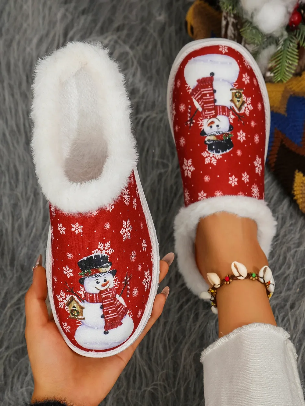 Snowman Print Flat Slippers with Faux Fur, image 11