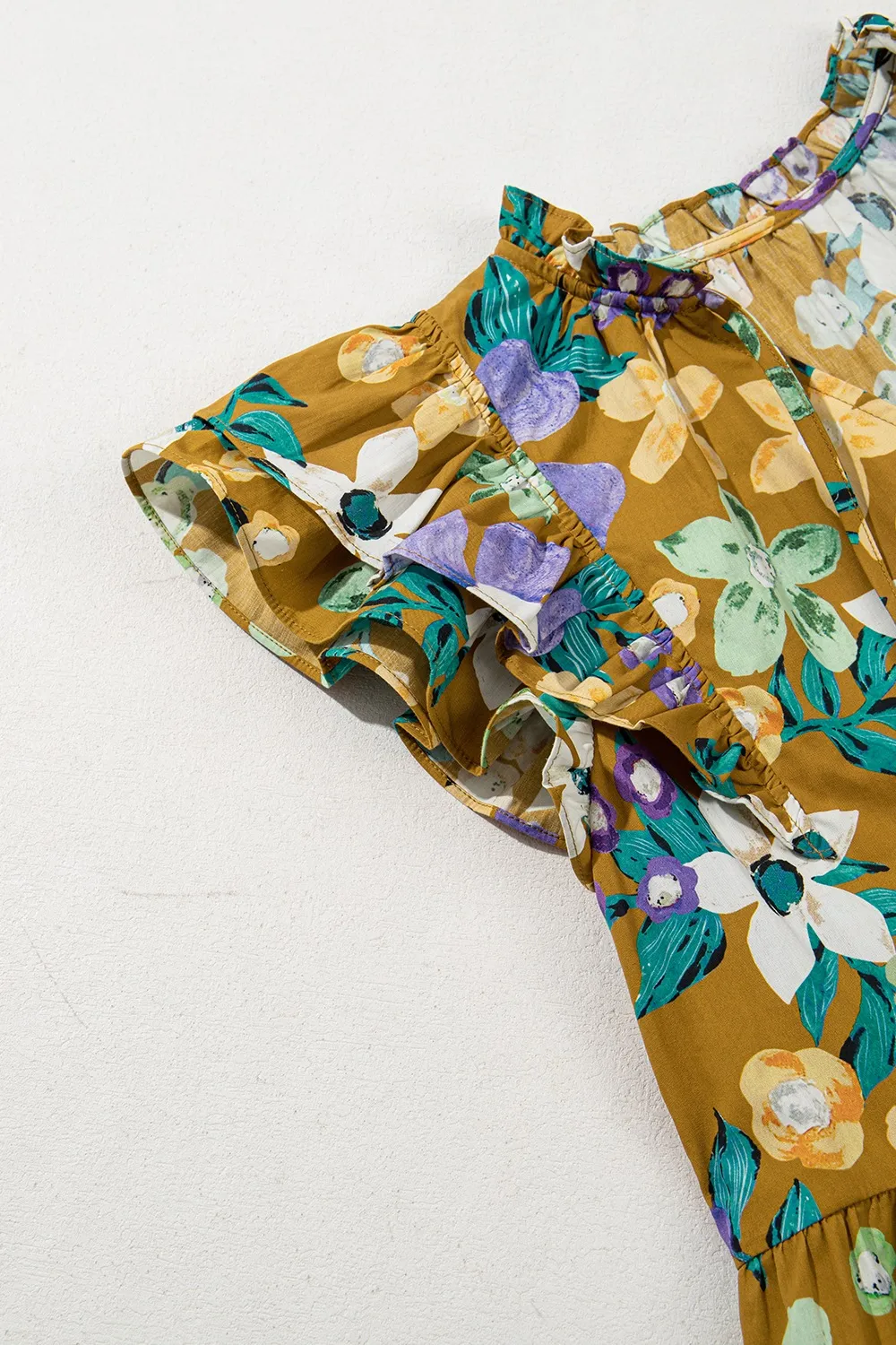 Floral Print Ruffle Cap Sleeve Tie Neck Top, image 7