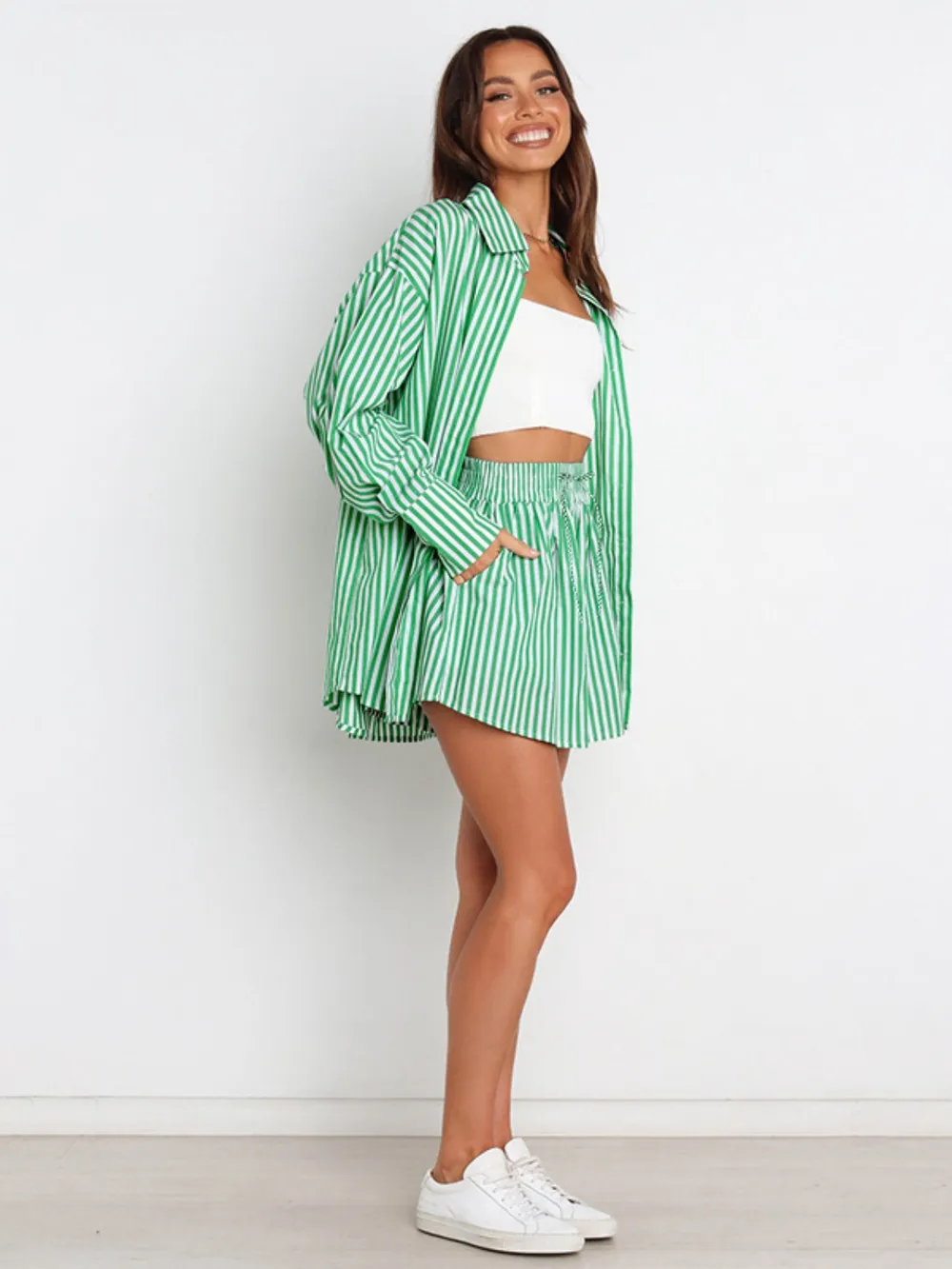Striped Dropped Shoulder Shirt and Shorts Set, image 10