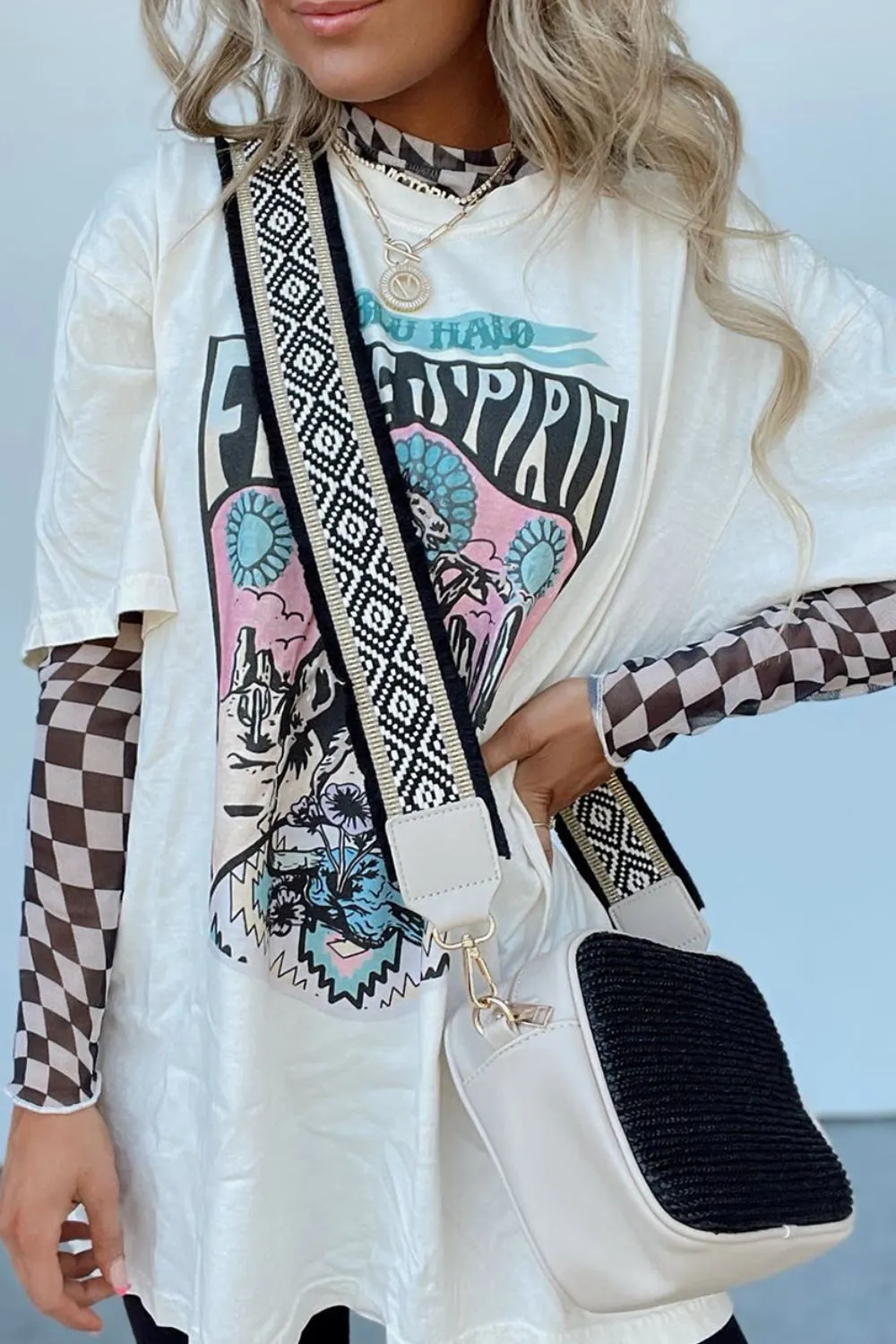 Checkered Mock Neck Long Sleeve Blouse, image 9