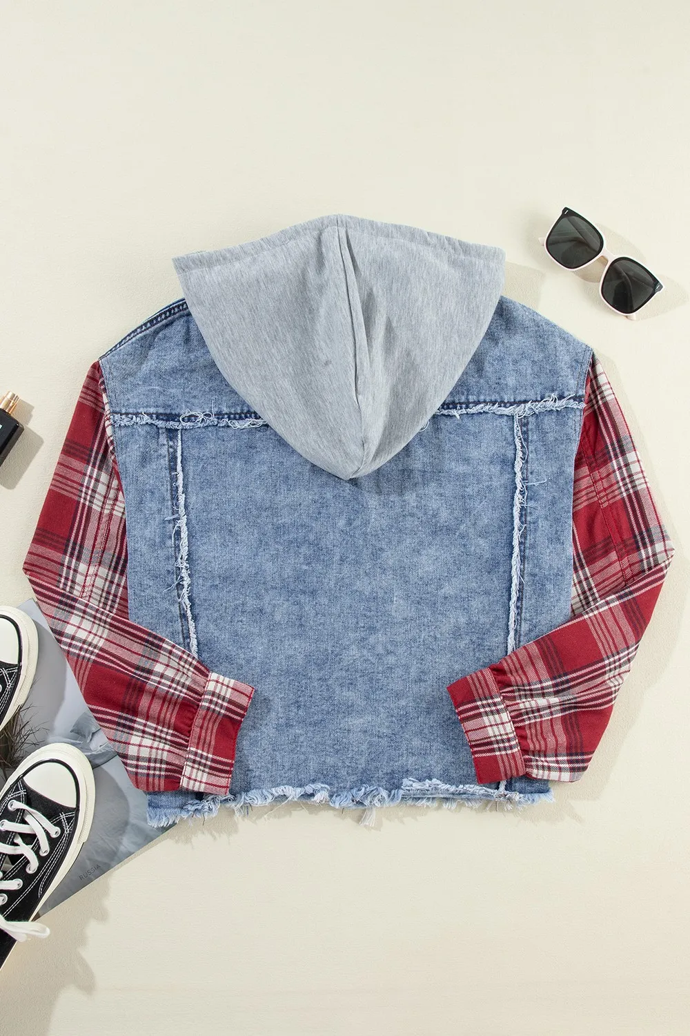 Raw Hem Drawstring Plaid Denim Jacket, image 4