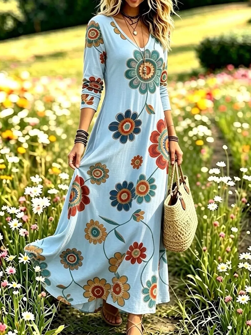 Floral Print V-Neck Long Sleeve Maxi Dress, image 7