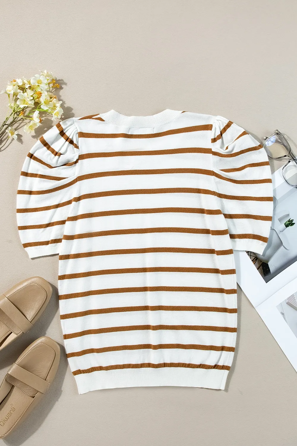 Striped Round Neck Puff Sleeve Knit Top, image 12