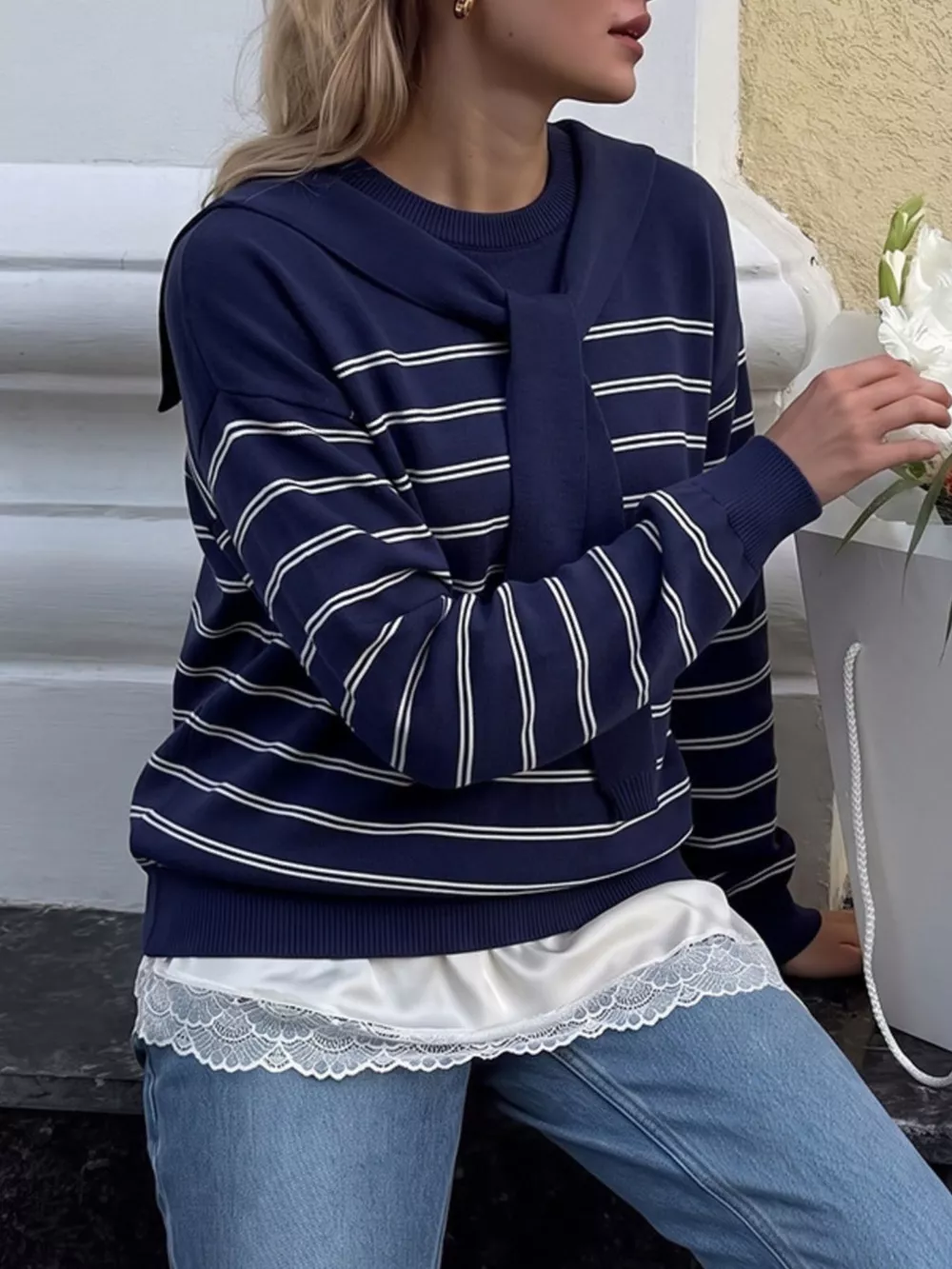 Classic Striped Crewneck Knit Top with Layered Sweater Detail, image 14